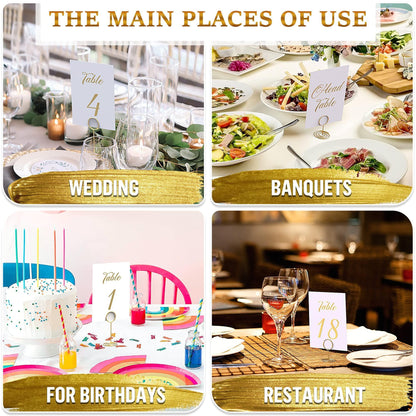 Foil table number card set shown on table settings for weddings, banquets, birthdays, and dining