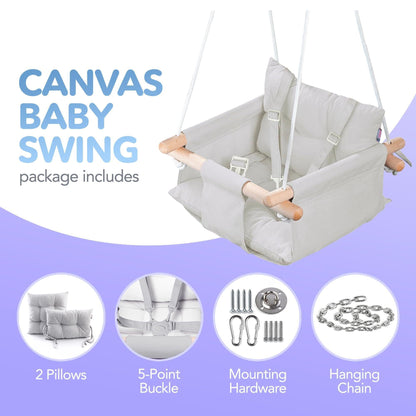 Gray canvas baby hanging swing seat with 5-point buckle and wooden support bars