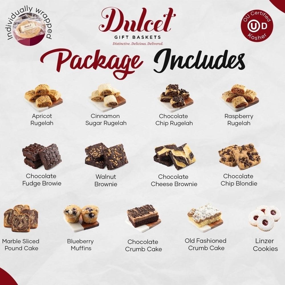 Variety package includes rugelach, brownies, blondies, muffins, and crumb cake