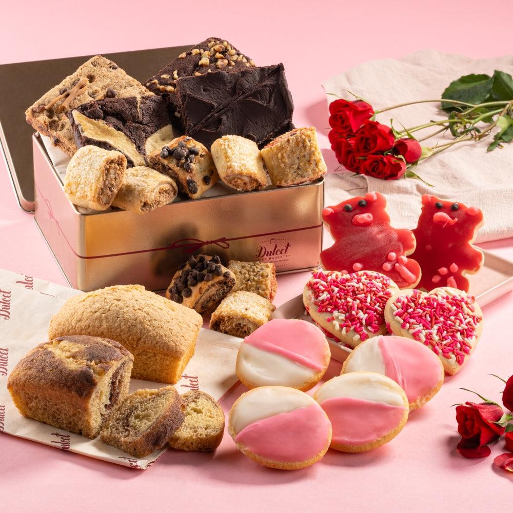 Valentine tea bread assortment in a metal tin, chocolate and vanilla slices, assorted pieces