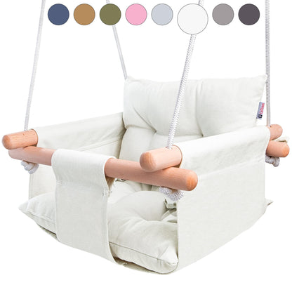 White canvas baby hanging swing chair with wooden support dowels and two pillows