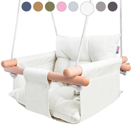 White canvas baby hanging swing chair with wooden support dowels and two pillows