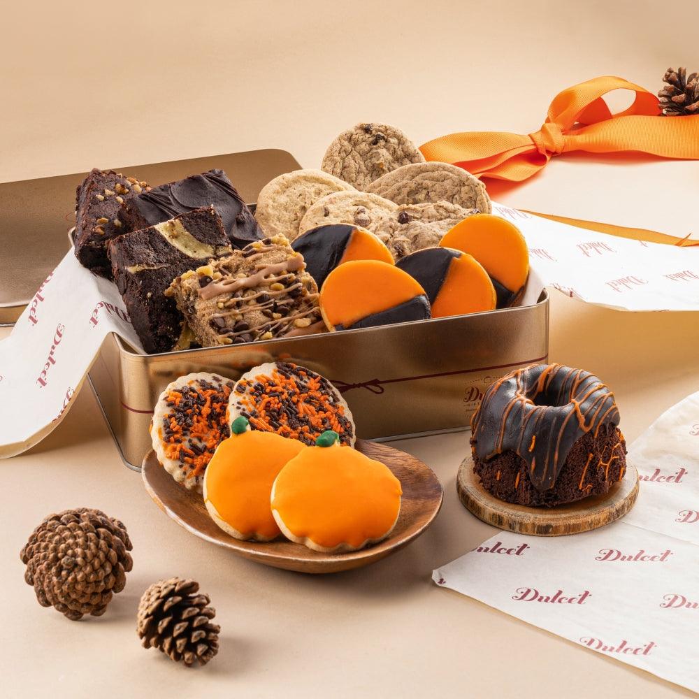 Gourmet autumn treats tin with assorted cookies and dessert pieces