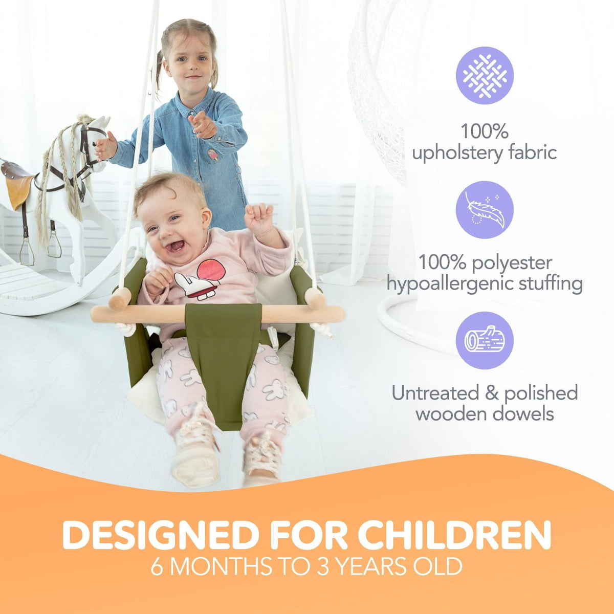 Olive canvas hanging swing with white cushions and 5-point buckle safety straps