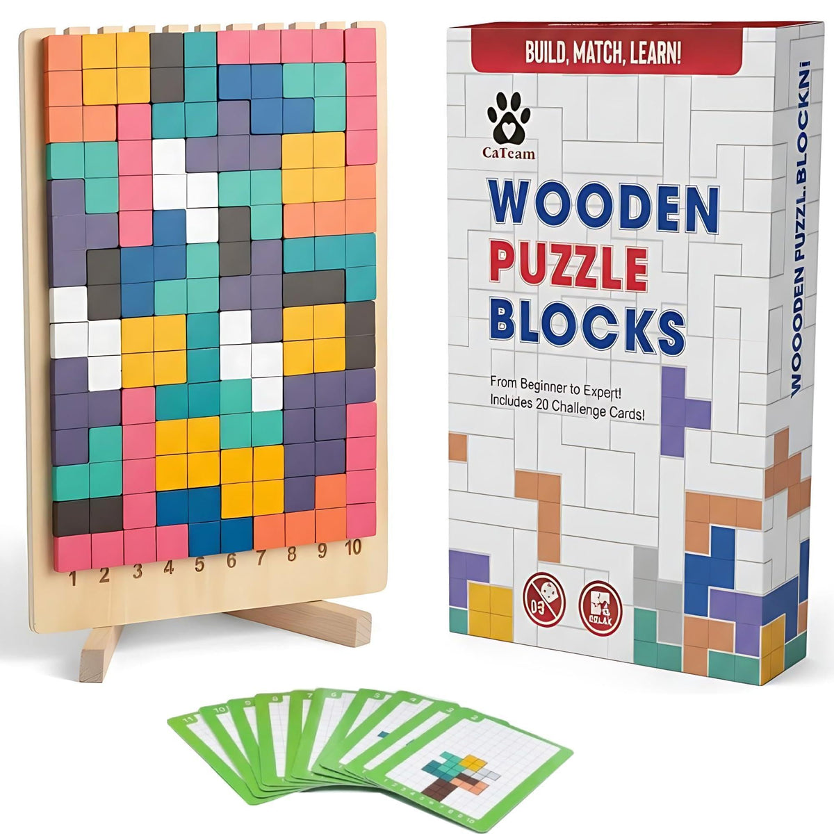 Wooden numbered puzzle block board with multicolor interlocking tiles on stand.