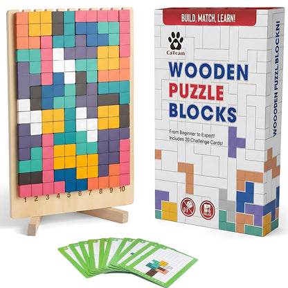 Wooden numbered puzzle block board with multicolor interlocking tiles on stand.