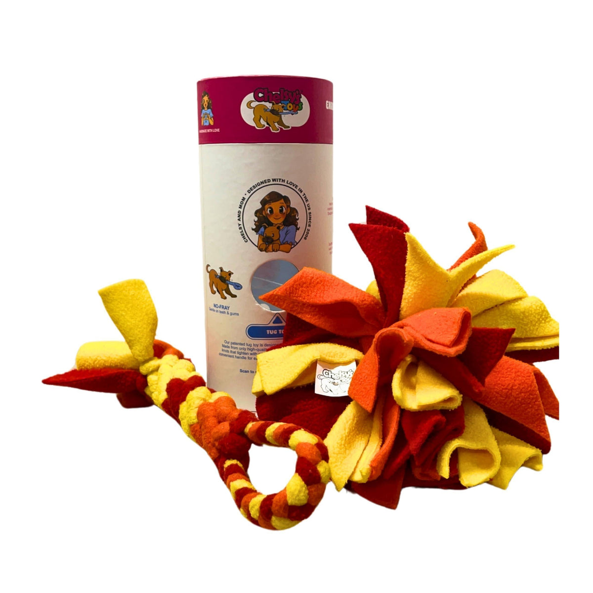Dog enrichment tube toy with fleece tug and snuffle ball, colorful braided fabric pieces