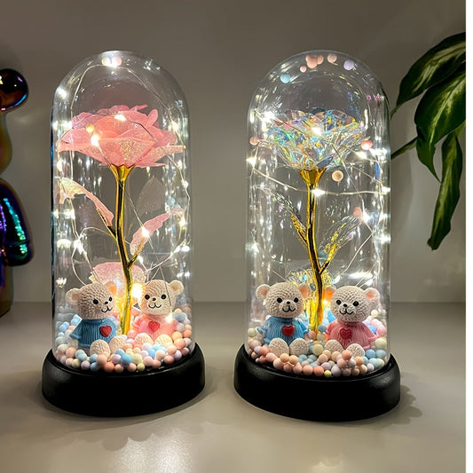 Glowing dome rose decoration with pink rose, two teddy bears, lighted base