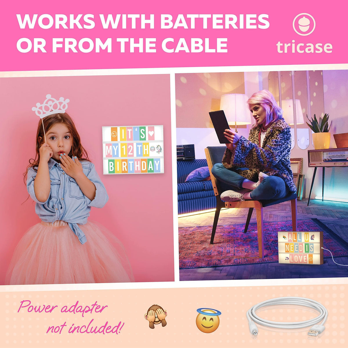 Pink light box with tile message LOVE, with kids holding devices