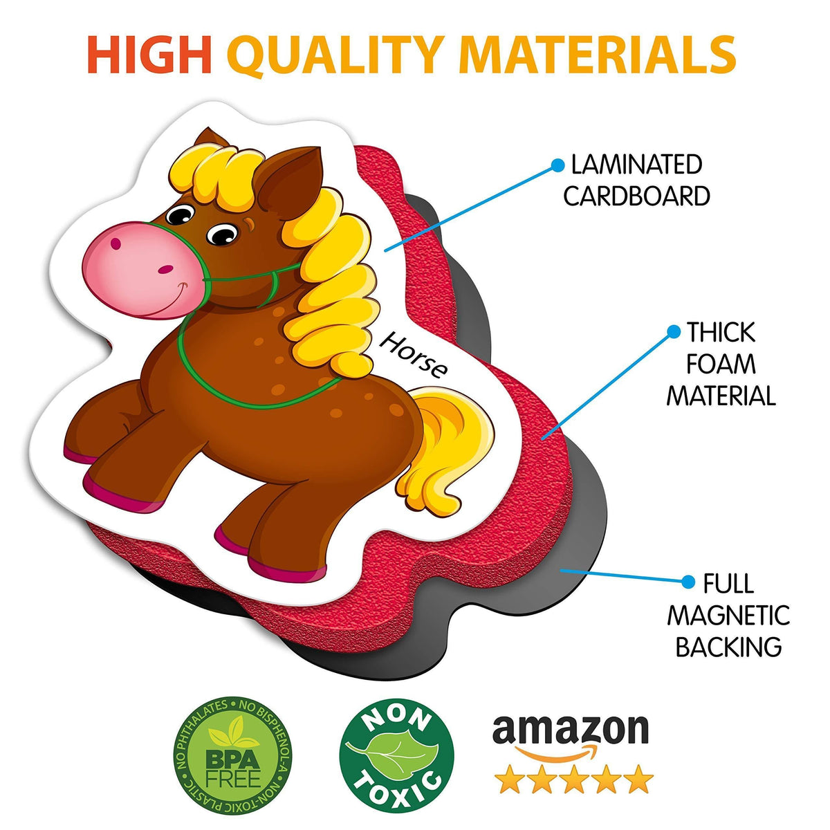Farm animal foam magnets detail showing laminated cardboard and full magnet backing
