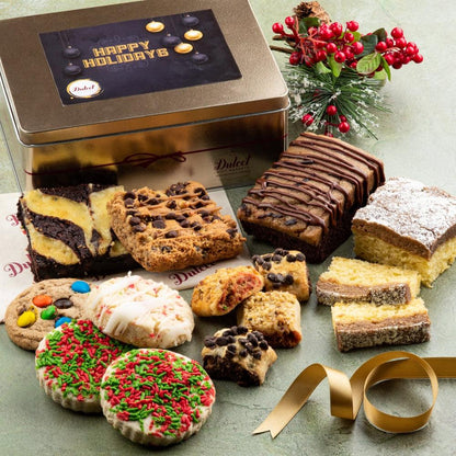 Deluxe holiday treat tin with chocolate brownies, cookie bars, and frosted cookies
