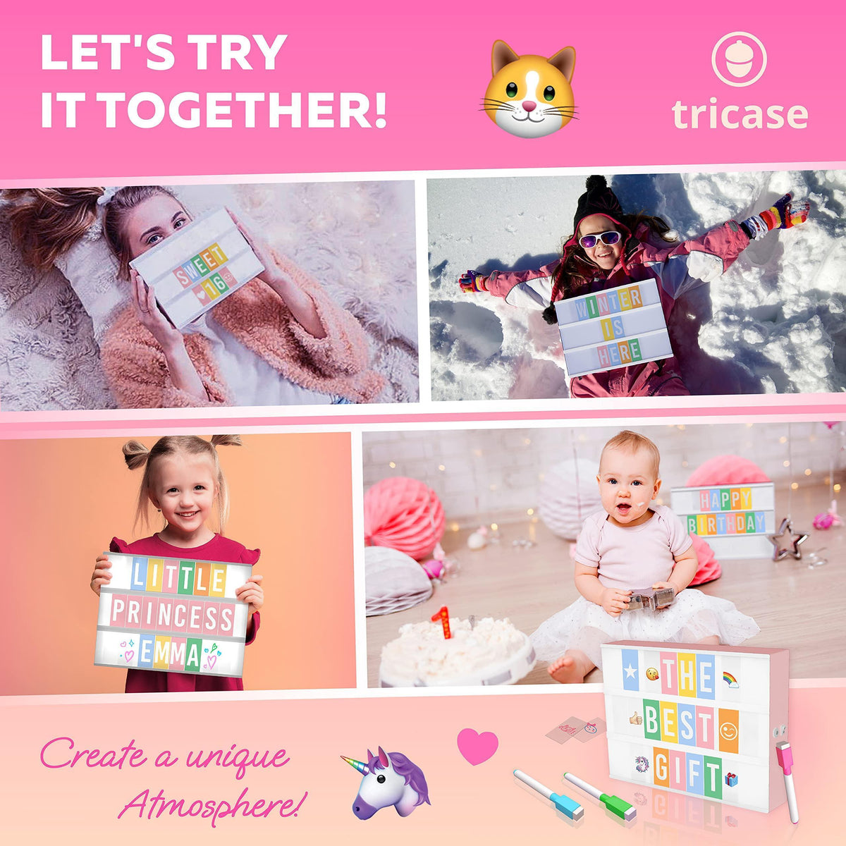 Kids using pink light box with letter tiles spelling THE BEST GIFT
