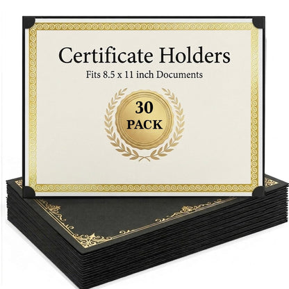 Black 8.5x11 certificate holders with gold foil border; single-sided, 30-pack stacked