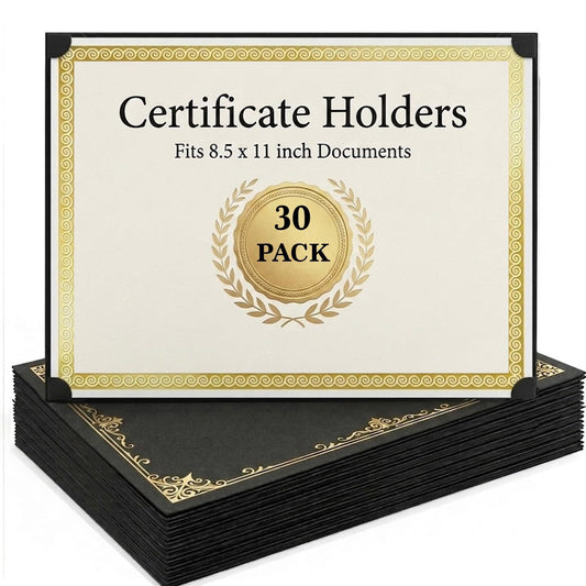 Black 8.5x11 certificate holders with gold foil border; single-sided, 30-pack stacked