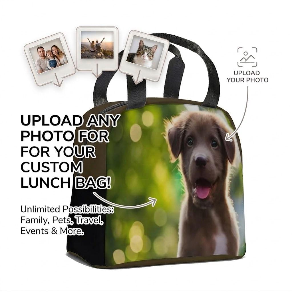 Custom printed insulated lunch tote bag with puppy photo, black handles