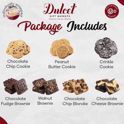 Package includes cookies and brownies: chocolate chip, peanut butter, crinkle, fudge, walnut