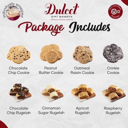Cookie gift basket package includes several labeled cookie varieties on a graphic