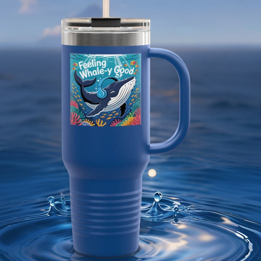 40oz insulated travel mug, royal blue with whale graphic, clear lid and straw