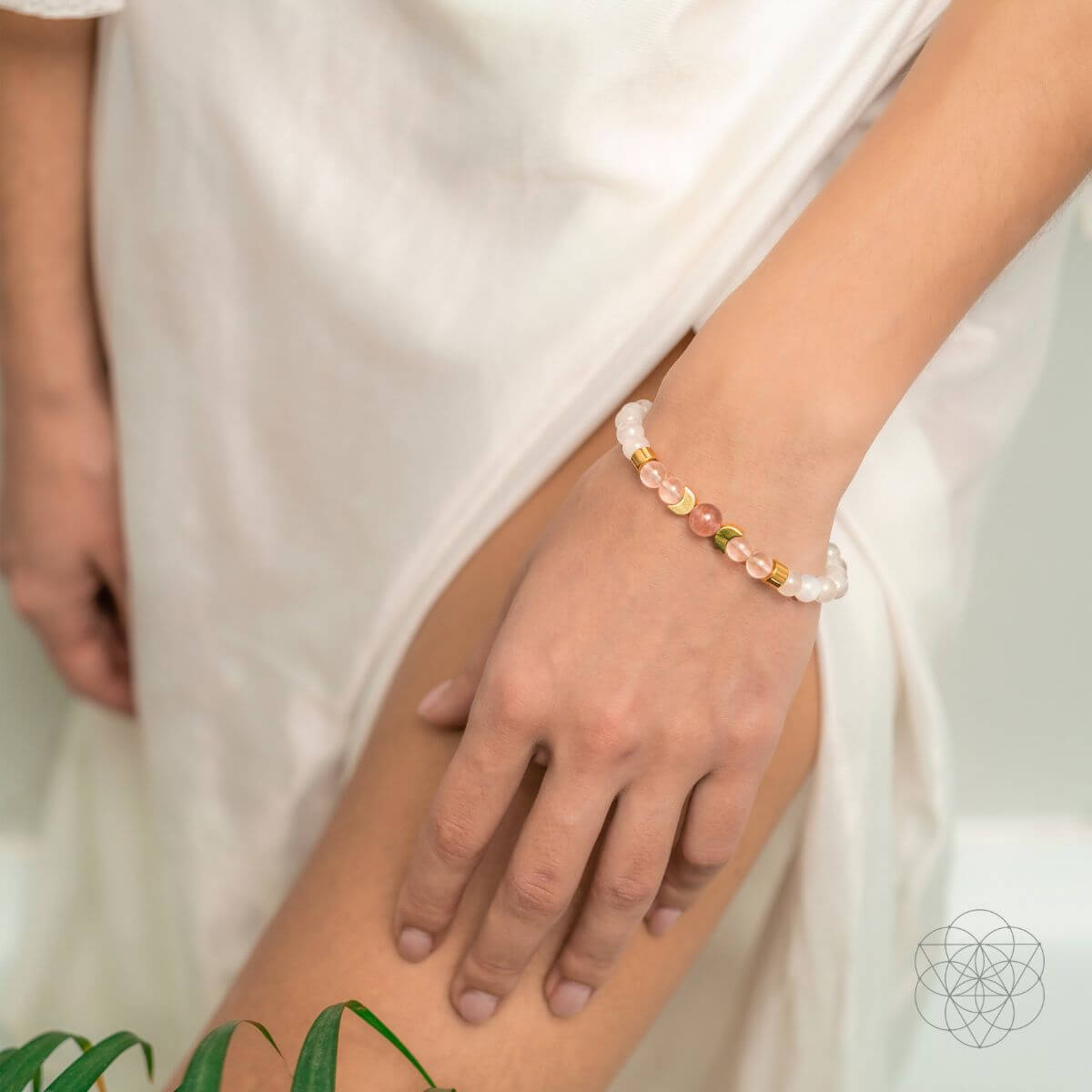 New Beginnings Bracelet – Rose Quartz & Moonstone with Crescent Moon Details