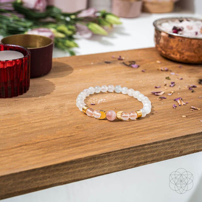 New Beginnings Bracelet – Rose Quartz & Moonstone with Crescent Moon Details