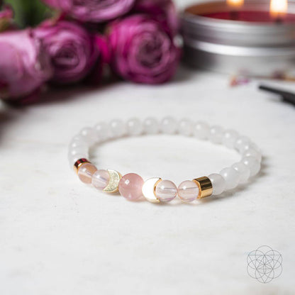 New Beginnings Bracelet – Rose Quartz & Moonstone with Crescent Moon Details