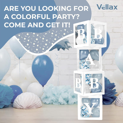 Stacked white letter cube boxes with blue balloons and confetti balloon fill