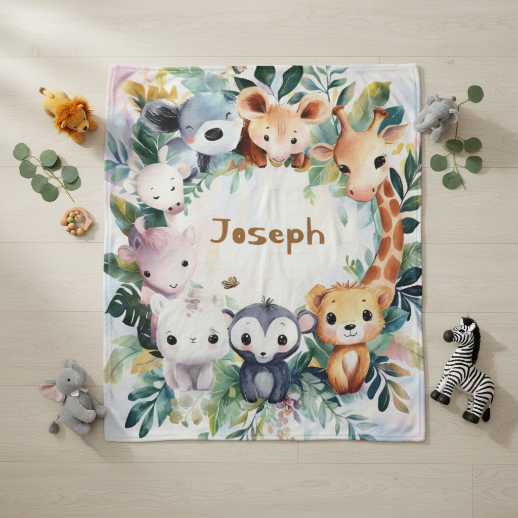 Safari animals baby blanket with name Joseph, flat lay with woodland animals on white