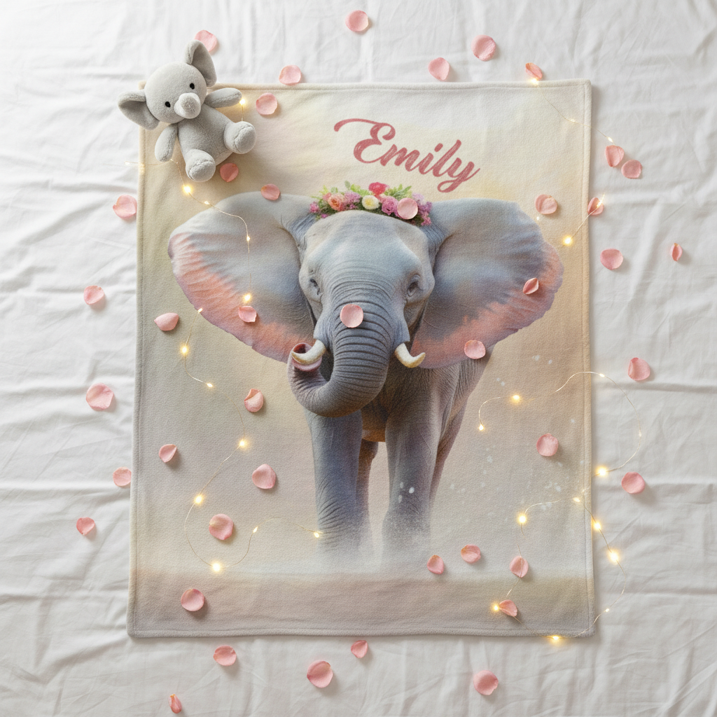 Personalized elephant blanket in light cream with 'Emily' name, floral crown, fairy lights