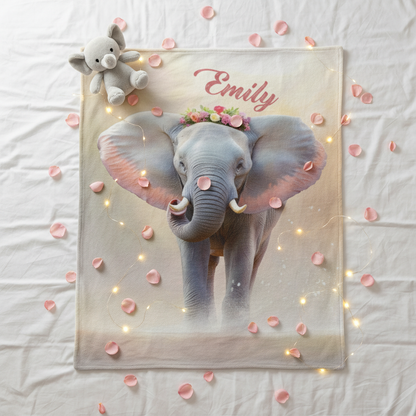 Personalized elephant blanket in light cream with 'Emily' name, floral crown, fairy lights