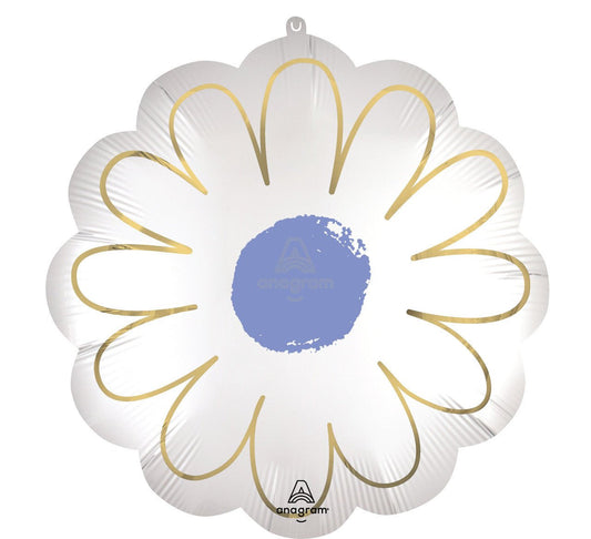 Flower daisy foil balloon, white petals with blue center and gold outline