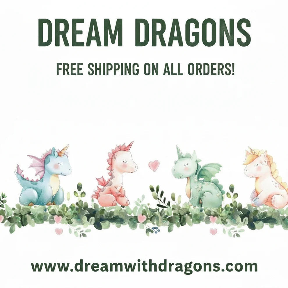 Dream Dragons free shipping banner with unicorn illustrations and flowers