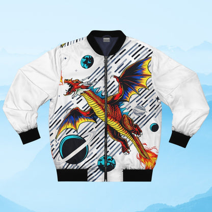 Galaxy Dragon Bomber Jacket - Red Dragon in Space Comic Art on White, Fantasy Streetwear for Men and Women XS to 5XL
