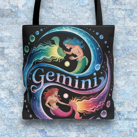 Black Gemini zodiac tote bag with colorful wave and mermaid graphic, black handles.