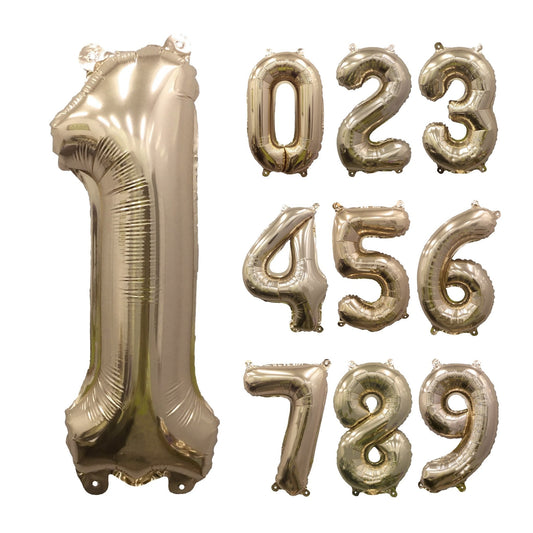 Metallic gold number balloons set showing 0, 1, 2, 3, 4, 5, 6, 7, 8, 9