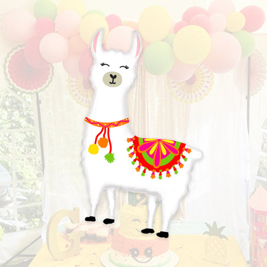 Llama-shaped balloon with white body, green leaf wings, and colorful sash, front view