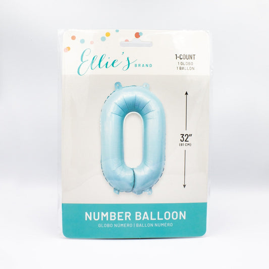 Pastel blue foil number balloon 0, 32-inch giant balloon in retail package