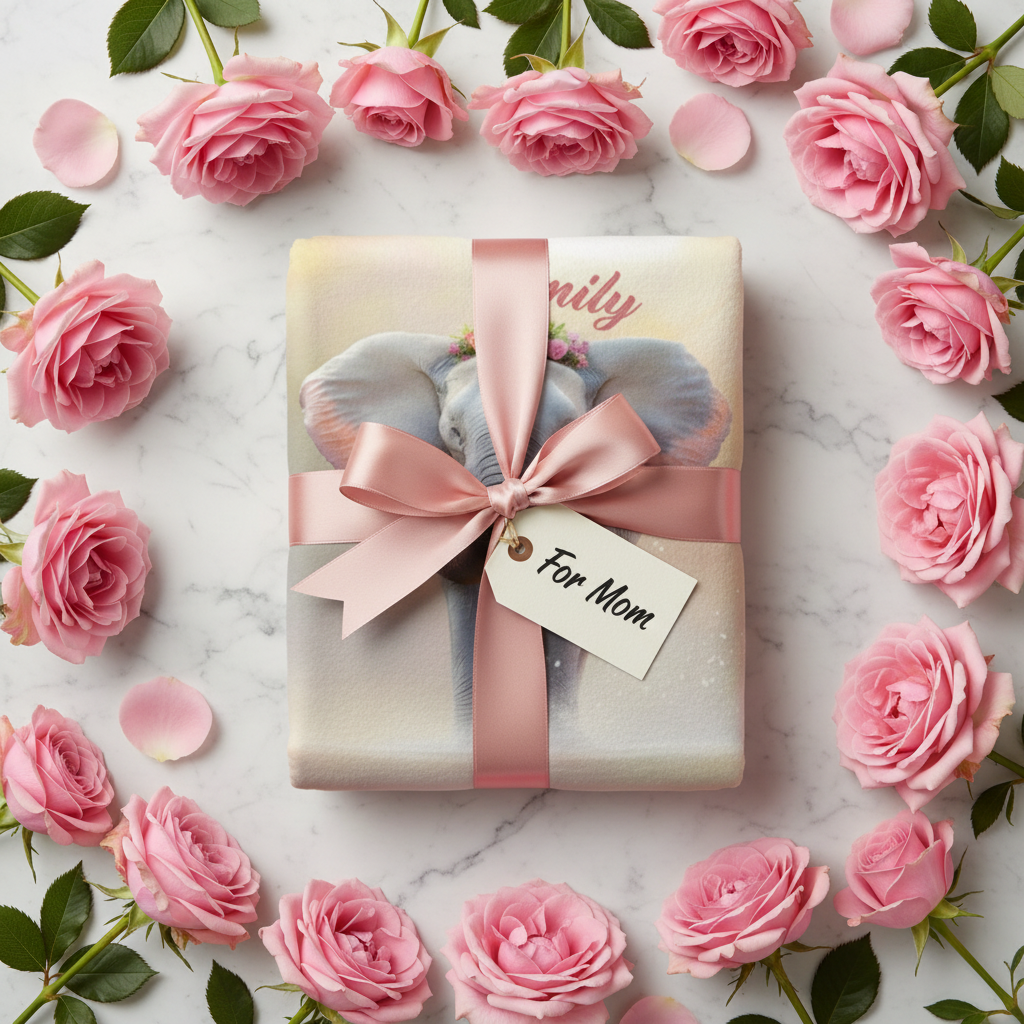 Personalized elephant blanket wrapped with pink ribbon, 'Emily' name, floral elephant