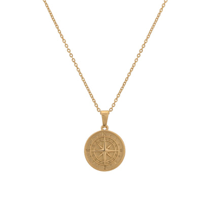 Gold-toned compass pendant necklace with circular compass medallion on chain