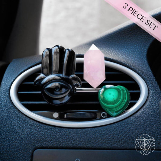 Car air vent aromatherapy diffuser set with black hand, pink crystal, green heart charm