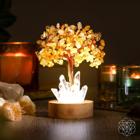 Crystal tree lamp with golden citrine branches, clear quartz crystals, wooden round base