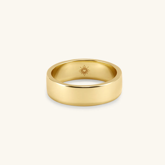14K gold-filled bold band ring, 6mm, sunburst engraving inside, polished yellow gold