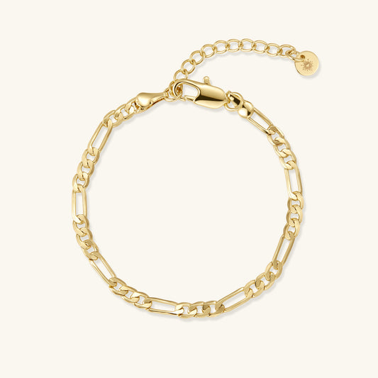 Gold figaro chain bracelet with round clasp and small round end charm