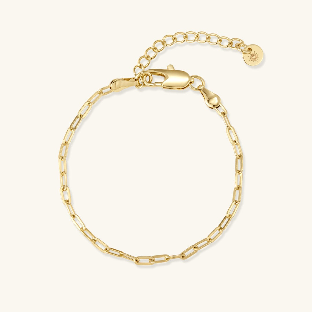 14K gold-filled paperclip bracelet with round charm tag and adjustable chain links