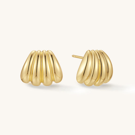 Gold scallop stud earrings with ribbed shell texture and rounded scallops