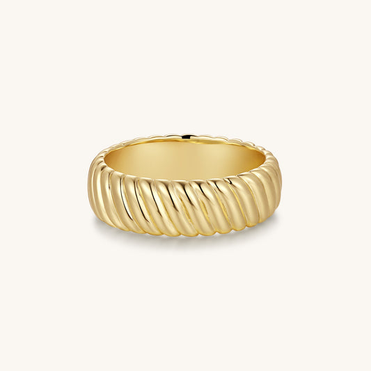 Gold-tone twist band ring with ridged, ribbed texture