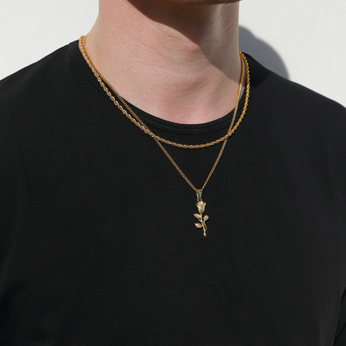 Gold rope chain necklace set with rose pendant, layered twin chains