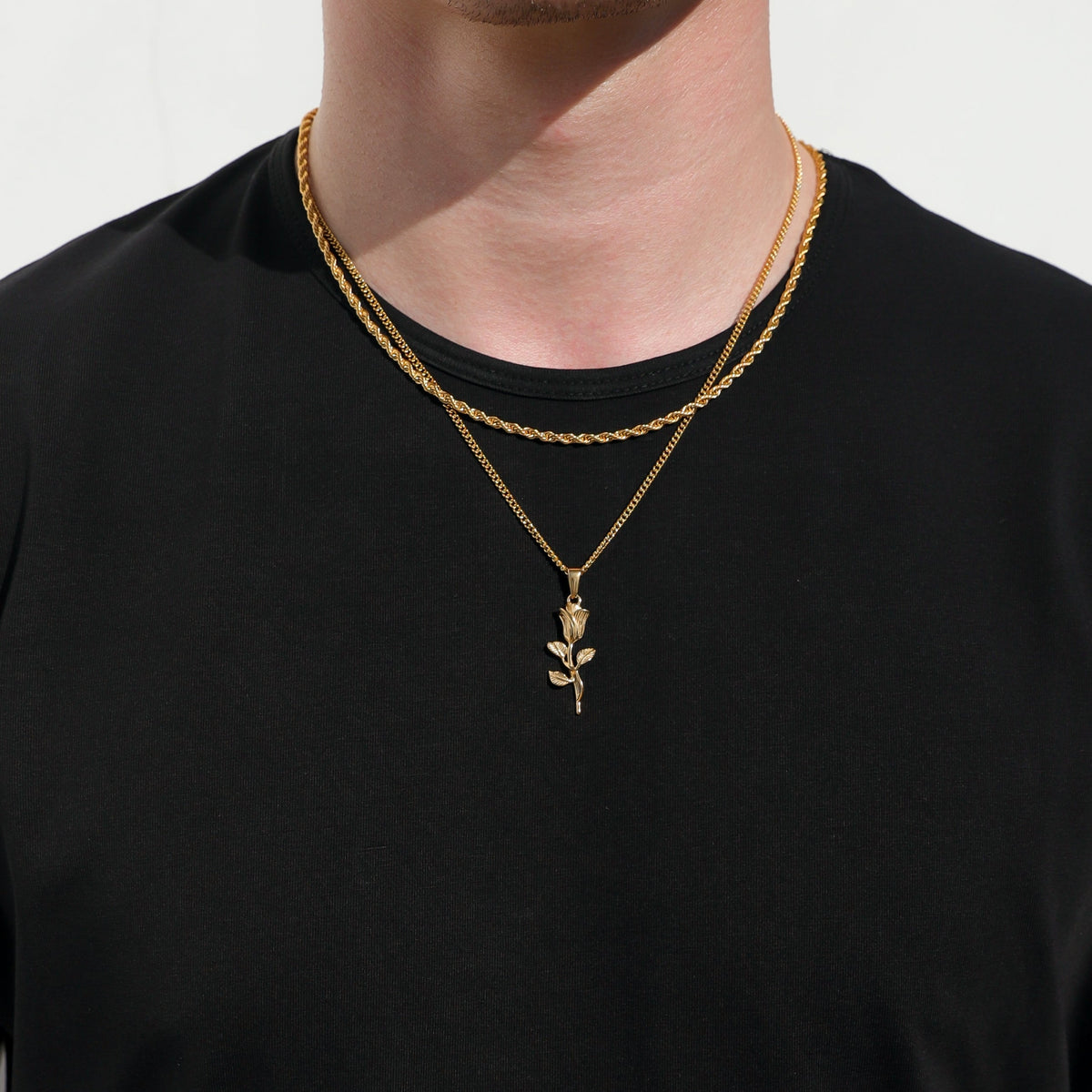 Gold rope chain necklace set with rose pendant, layered double chains