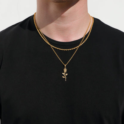Gold rope chain necklace set with rose pendant, layered double chains
