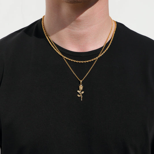Gold rope chain necklace set with rose pendant, layered double chains