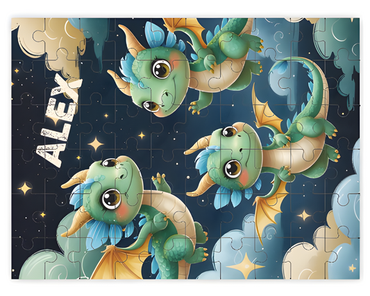 Wooden dragon jigsaw puzzle with 60 pieces, night-sky artwork and interlocking shapes
